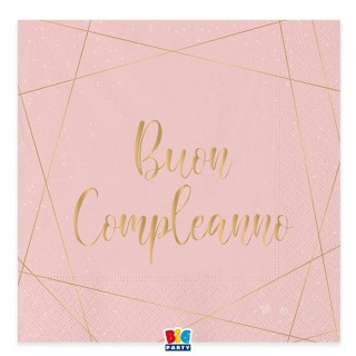 TOVAGLIOLI BUON COMPLEANNO ROSA  DONNA CON SCRITTO  ( BUON COMPLEANNO ) in oro - Confez. 20 pezzi - 33 cm x 33 cm - 3 veli