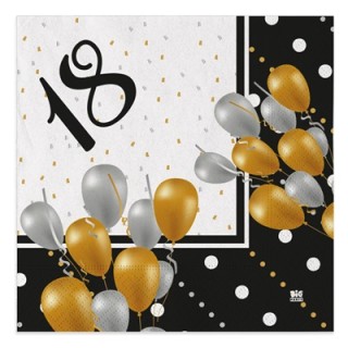 Tovaglioli Compleanno 18 anni Nero Oro Bianco e Argento - 20 pezzi - 33 cm x 33 cm - 3 veli - Unique