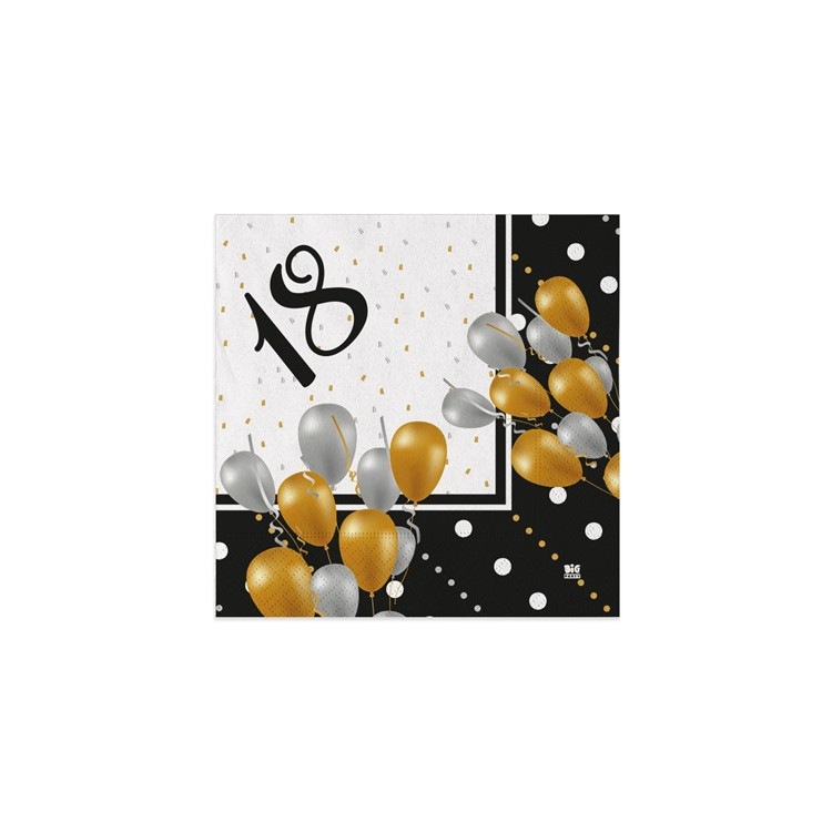 Tovaglioli Compleanno 18 anni Nero Oro Bianco e Argento - 20 pezzi - 33 cm x 33 cm - 3 veli - Unique
