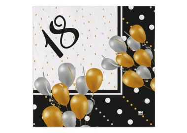 Tovaglioli Compleanno 18 anni Nero Oro Bianco e Argento - 20 pezzi - 33 cm x 33 cm - 3 veli - Unique