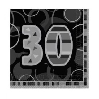 Tovaglioli Compleanno 30 anni Nero e Argento - 16 pezzi - 33 cm x 33 cm - 3 veli - Unique