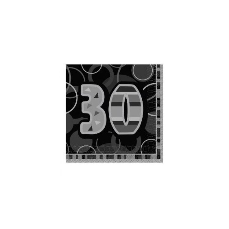 Tovaglioli Compleanno 30 anni Nero e Argento - 16 pezzi - 33 cm x 33 cm - 3 veli - Unique