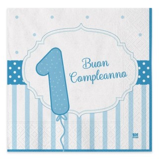 Tovaglioli Primo Compleanno Bimbo (NEW ) - Celeste e bianco - 20 pezzi - 33 cm x 33 cm - Big Party