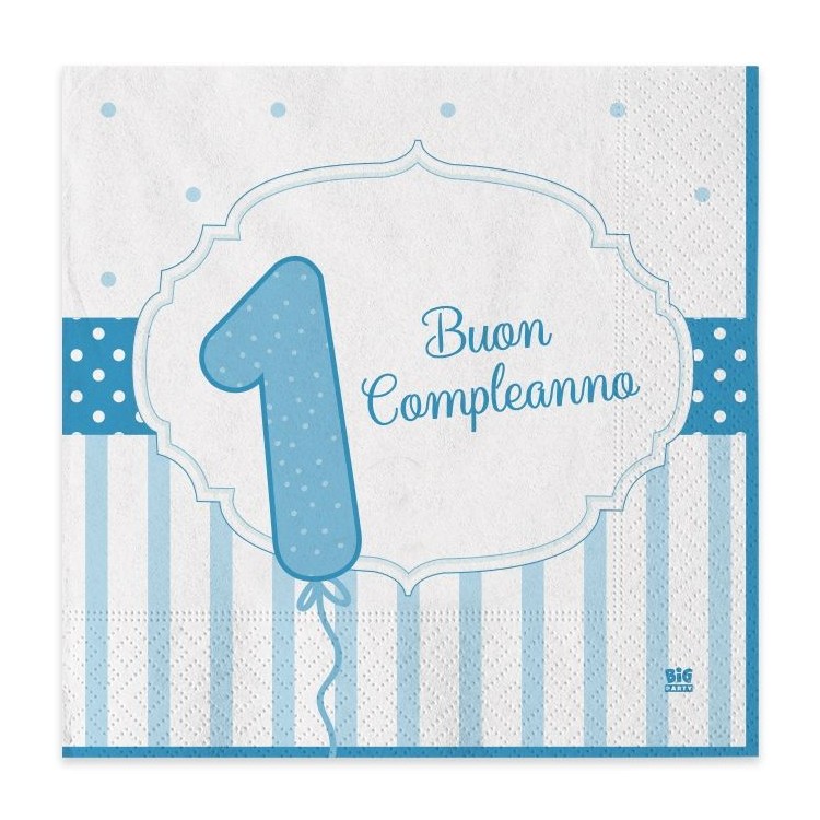 Tovaglioli Primo Compleanno Bimbo (NEW ) - Celeste e bianco - 20 pezzi - 33 cm x 33 cm - Big Party