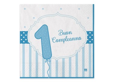 Tovaglioli Primo Compleanno Bimbo (NEW ) - Celeste e bianco - 20 pezzi - 33 cm x 33 cm - Big Party