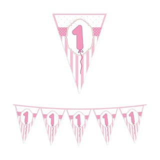 Festone in plastica a bandierina  Buon 1° Compleanno Bambina - L 6 metri x 26 cm H  -  1 pz