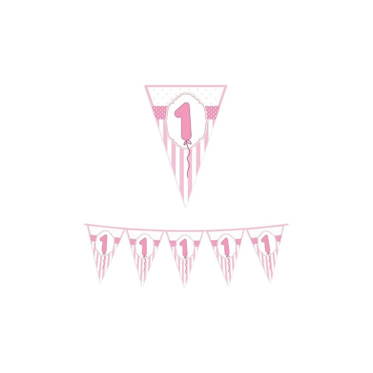 Festone in plastica a bandierina  Buon 1° Compleanno Bambina - L 6 metri x 26 cm H  -  1 pz