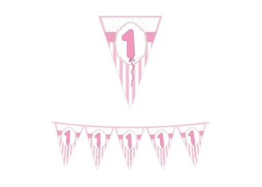 Festone in plastica a bandierina  Buon 1° Compleanno Bambina - L 6 metri x 26 cm H  -  1 pz