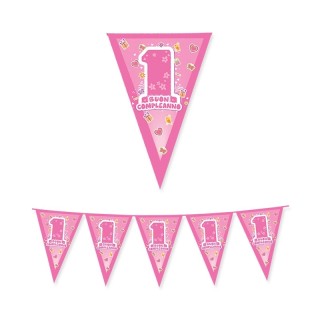 Festone in plastica a bandierina  Buon 1° Compleanno Bambina - L 6 metri x 26 cm H  -  1 pz