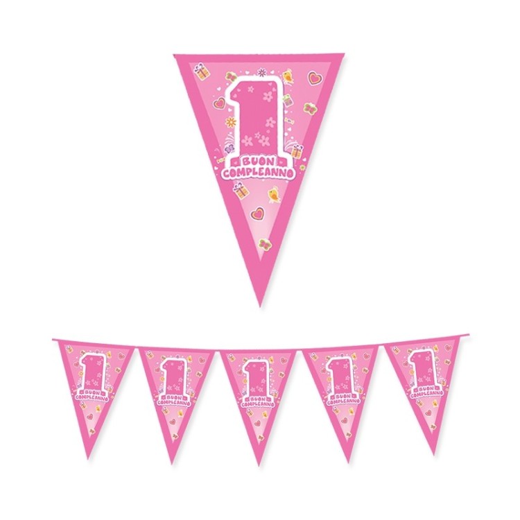 Festone in plastica a bandierina  Buon 1° Compleanno Bambina - L 6 metri x 26 cm H  -  1 pz