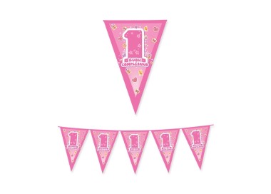 Festone in plastica a bandierina  Buon 1° Compleanno Bambina - L 6 metri x 26 cm H  -  1 pz