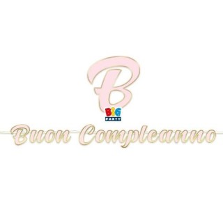 Festone Maxi  Buon Compleanno rosa bordato oro metal  - L 6 metri x 24 cm H - 1 pz