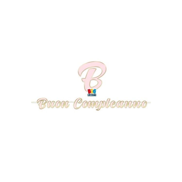 Festone Maxi  Buon Compleanno rosa bordato oro metal  - L 6 metri x 24 cm H - 1 pz