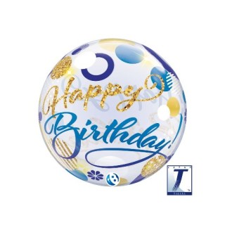 Palloncino Happy Birthday Blù  e oro Bubbles Balloon (Nuovo) - 22"/ 56 cm - 1 pezzo