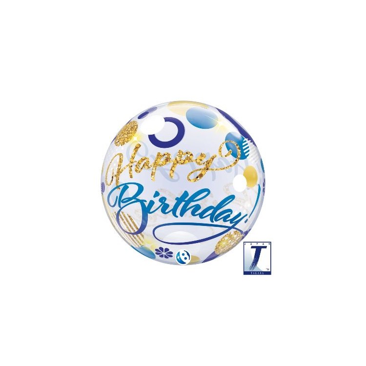 Palloncino Happy Birthday Blù  e oro Bubbles Balloon (Nuovo) - 22"/ 56 cm - 1 pezzo