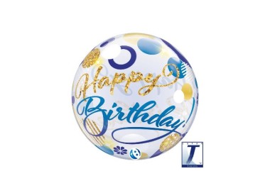 Palloncino Happy Birthday Blù  e oro Bubbles Balloon (Nuovo) - 22"/ 56 cm - 1 pezzo