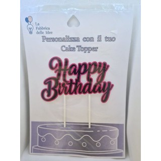 Cake Topper Happy  Birthday Nero e  fucsia in carta fotografica lucida L 17/18 cm x h 8/9 cm 1 pz