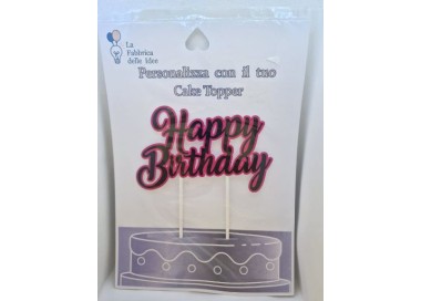 Cake Topper Happy  Birthday Nero e  fucsia in carta fotografica lucida L 17/18 cm x h 8/9 cm 1 pz