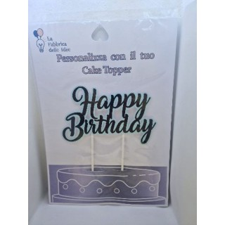 Cake Topper Happy  Birthday nero e celeste  in carta fotografica lucida L 17/18 cm x h 8/9 cm 1 pz