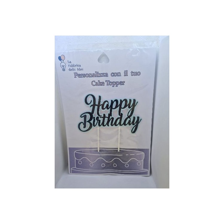 Cake Topper Happy  Birthday nero e celeste  in carta fotografica lucida L 17/18 cm x h 8/9 cm 1 pz