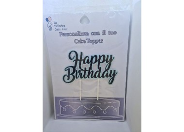 Cake Topper Happy  Birthday nero e celeste  in carta fotografica lucida L 17/18 cm x h 8/9 cm 1 pz