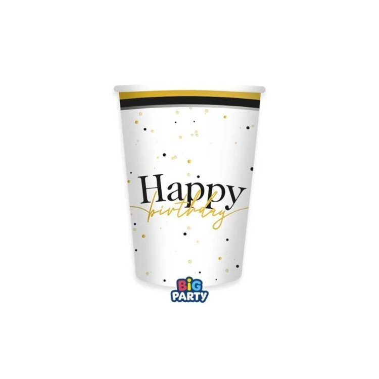 Bicchieri "HAPPY BIRTHDAY" Bianco Nero e Oro - 6 pezzi - da 250 ml -