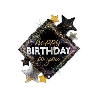 Palloncino quadrato   "happy birthday to you" con decorazioni a stella oro nere e argento -38"/ 97 cm - 1 pz