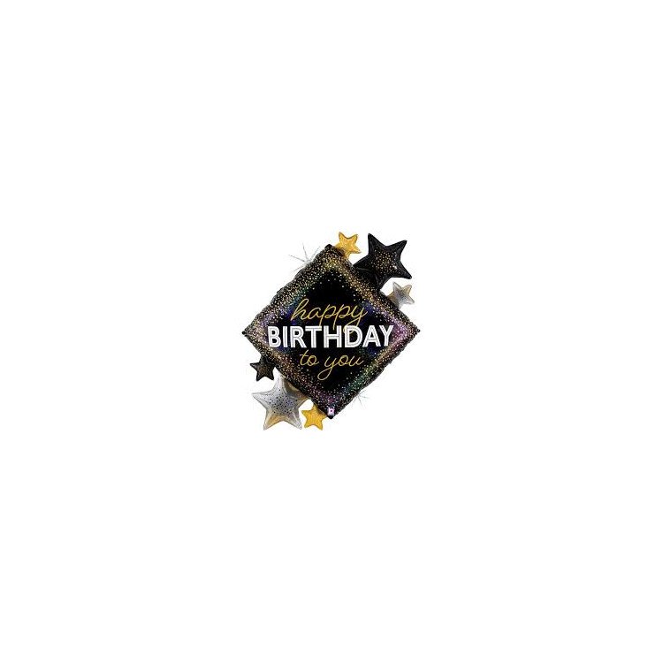 Palloncino quadrato   "happy birthday to you" con decorazioni a stella oro nere e argento -38"/ 97 cm - 1 pz