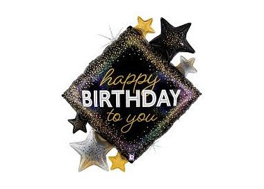 Palloncino quadrato   "happy birthday to you" con decorazioni a stella oro nere e argento -38"/ 97 cm - 1 pz