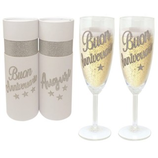 COPPIA FLUTE BUON ANNIVERSARIO BRILLANTINATO  SCATOLA DELUXE