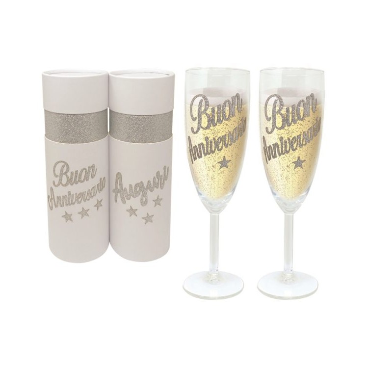 COPPIA FLUTE BUON ANNIVERSARIO BRILLANTINATO  SCATOLA DELUXE
