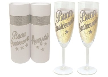 COPPIA FLUTE BUON ANNIVERSARIO BRILLANTINATO  SCATOLA DELUXE