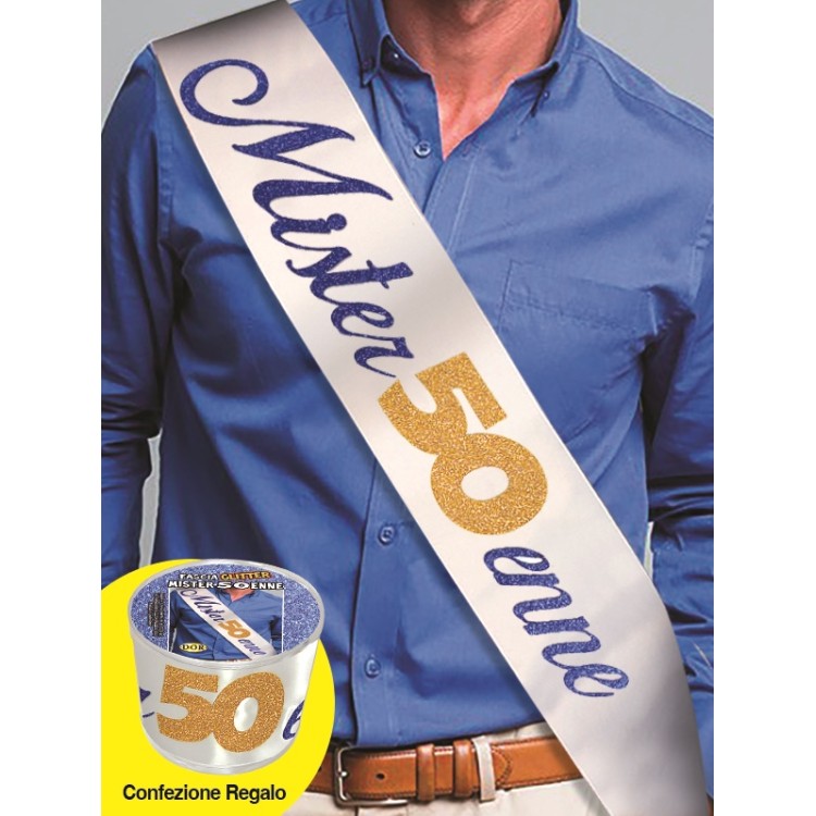 FASCIA CON SCRITTA GLITTER MISTER 50ENNE IN CONFEZIONE REGALOLunghezza 96 cm x 11 cm larghezza - fascia in poliestere - 1 pezzo
