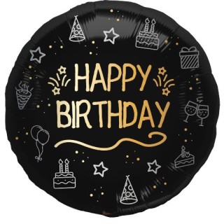 Palloncino  con scritta "Happy Birthday" nero oro  e bianco metallizzato 18" / 46 cm - 1 pz