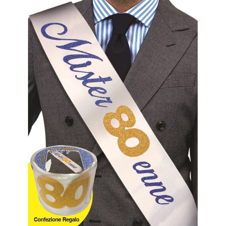 FASCIA CON SCRITTA GLITTER MISS 80 ENNE IN CONFEZIONE REGALOLunghezza 96 cm x 11 cm larghezza - fascia in poliestere - 1 pezzo