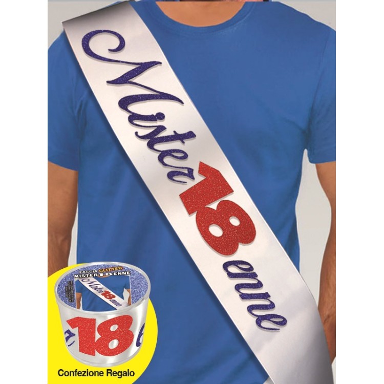 FASCIA CON SCRITTA GLITTER MISTER 18ENNE IN CONFEZIONE REGALOLunghezza 96 cm x 11 cm larghezza - fascia in poliestere - 1 pezzo