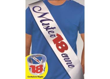 FASCIA CON SCRITTA GLITTER MISTER 18ENNE IN CONFEZIONE REGALOLunghezza 96 cm x 11 cm larghezza - fascia in poliestere - 1 pezzo