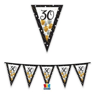 Bandierine  Buon Compleanno  in cartoncino nero bianco oro e argento- L 3 metri / 20 cm x 26 cm H - 1 pz