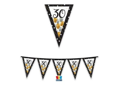 Bandierine  Buon Compleanno  in cartoncino nero bianco oro e argento- L 3 metri / 20 cm x 26 cm H - 1 pz