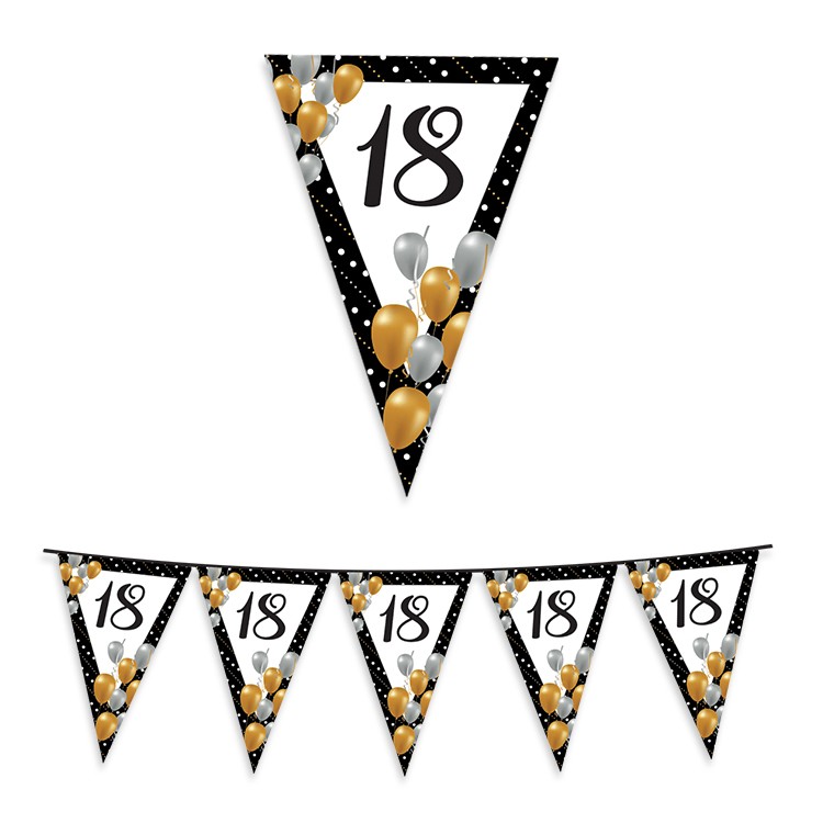 Bandierine  Compleanno 18 anni  nero bianco oro e argento- L 6 metri / 20 cm x 26 cm H - 1 pz