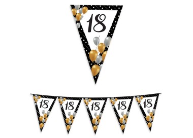 Bandierine  Compleanno 18 anni  nero bianco oro e argento- L 6 metri / 20 cm x 26 cm H - 1 pz