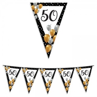 Bandierine  Compleanno 50 anni  nero bianco oro e argento- L 6 metri / 20 cm x 26 cm H - 1 pz