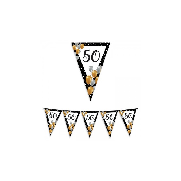 Bandierine  Compleanno 50 anni  nero bianco oro e argento- L 6 metri / 20 cm x 26 cm H - 1 pz