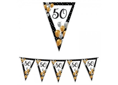 Bandierine  Compleanno 50 anni  nero bianco oro e argento- L 6 metri / 20 cm x 26 cm H - 1 pz