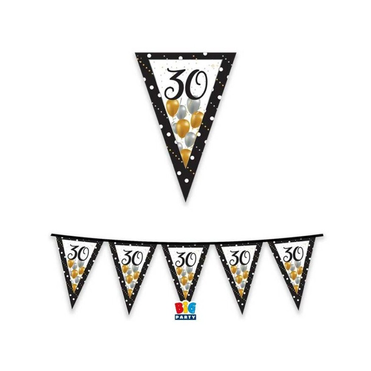 Bandierine  Compleanno i30 anni  in cartoncino nero bianco oro e argento- L 3 metri / 20 cm x 26 cm H - 1 pz