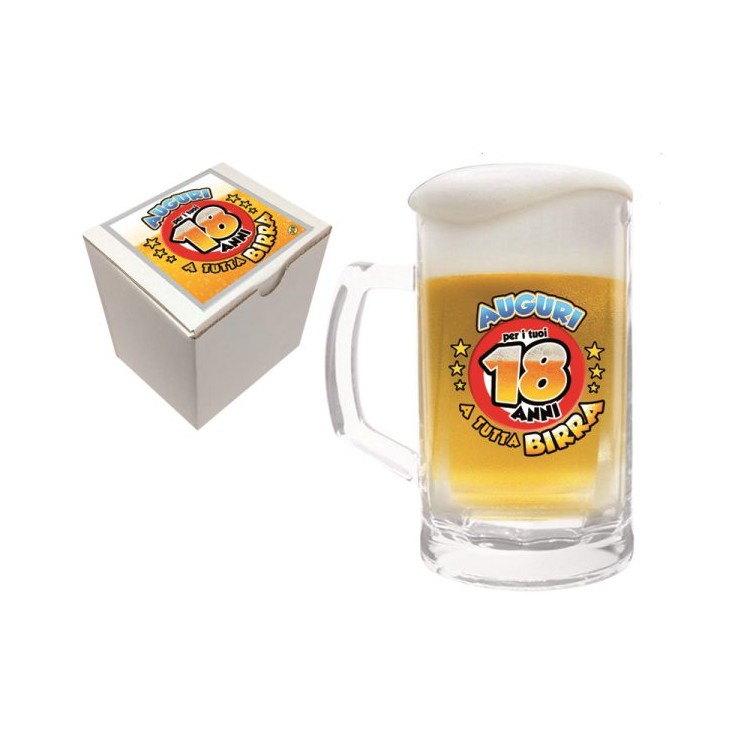  Bicchiere/Boccale con manico per la birra  18 anni - 1 pezzo - in vetro- con stampa Auguri per i tuoi 18 a tutta birra
