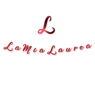 Bandierine Laurea  in cartoncino sagomato  rosso  co scritta " LA MIA LAUREA " - L 3  metri / 15 cm  H - 1 pz