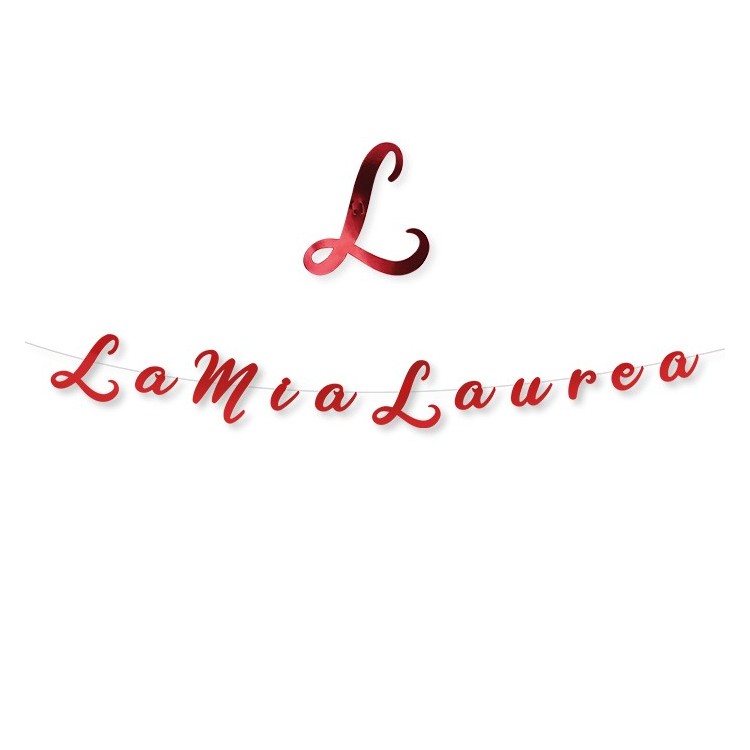 Bandierine Laurea  in cartoncino sagomato  rosso  co scritta " LA MIA LAUREA " - L 3  metri / 15 cm  H - 1 pz