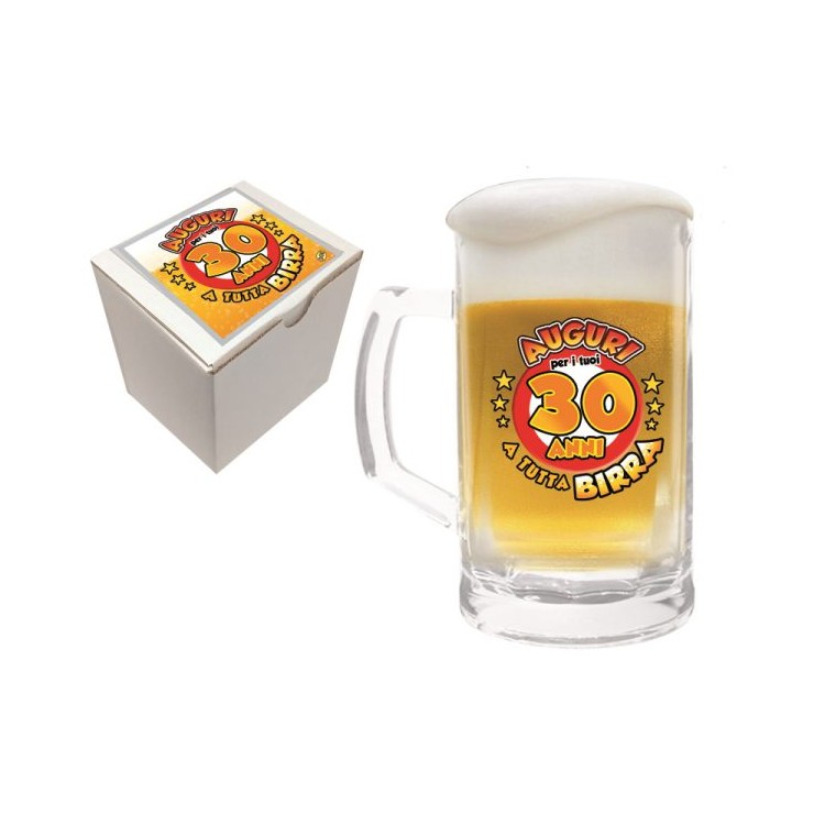  Bicchiere/Boccale con manico per la birra  30 anni - 1 pezzo - in vetro- con stampa Auguri per i tuoi 18 a tutta birra