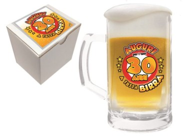  Bicchiere/Boccale con manico per la birra  30 anni - 1 pezzo - in vetro- con stampa Auguri per i tuoi 18 a tutta birra